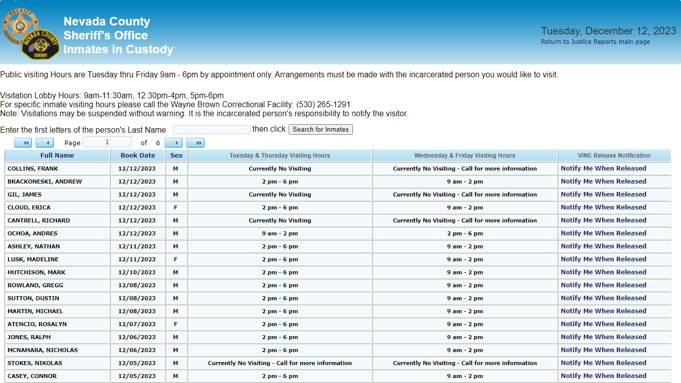 Inmates in Custody - County of Nevada Public Reporting